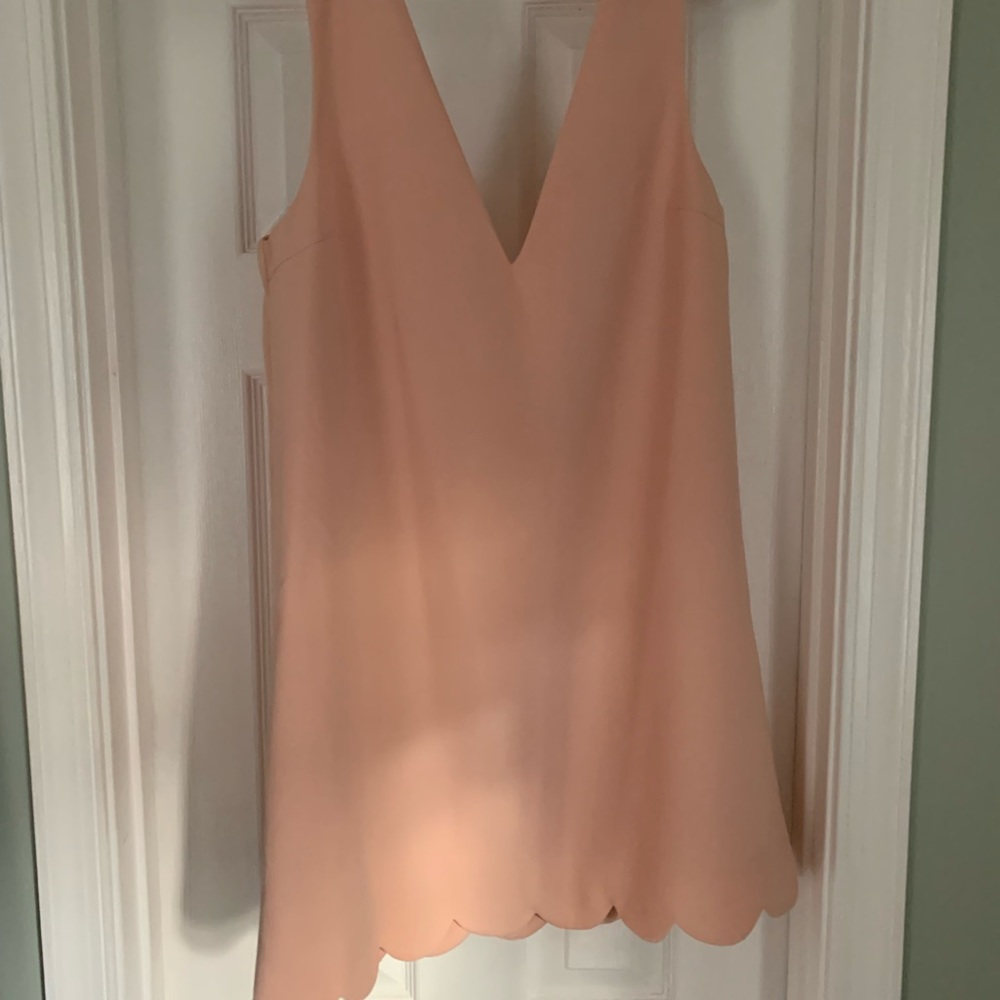 Tobi mini dress. Has scalloped hem and deep V back.